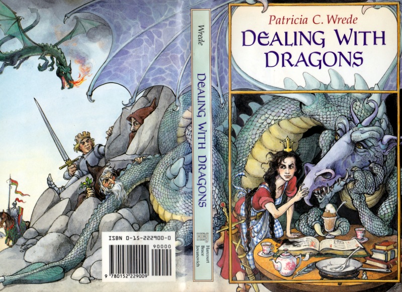 The cover of Dealing With Dragons, by Patricia C. Wrede. Cimorene, a princess, is serving tea to Kazul the dragon while they look at a spell book. On the other side of the dust jacket, a prince with a sword is climbing up  a mountain and a hooded wizard is peeking out with some dragonsbane.