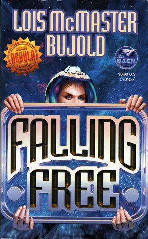The cover of Falling Free, by Lois McMaster Bujold. A woman hangs in space, in a spacesuit, holding up a sign with the title on it. But four hands are peeking out from behind the sign instead of only two.